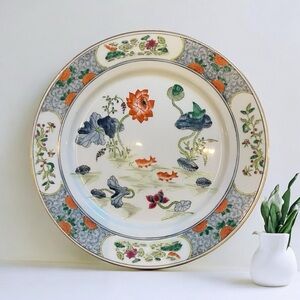Vintage Floral Lotus Koi Pond Decorative Plate with Gold Accents